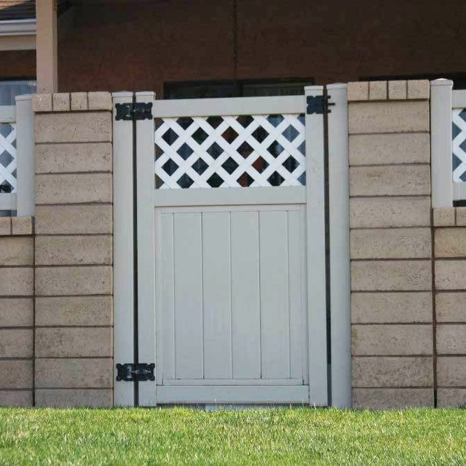 Stockton made to order vinyl gate combining tan privacy with white lattice panel.