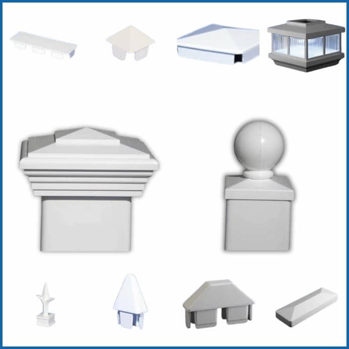 A variety of premium post caps, some of our popular vinyl fence hardware near Moorpark, California.