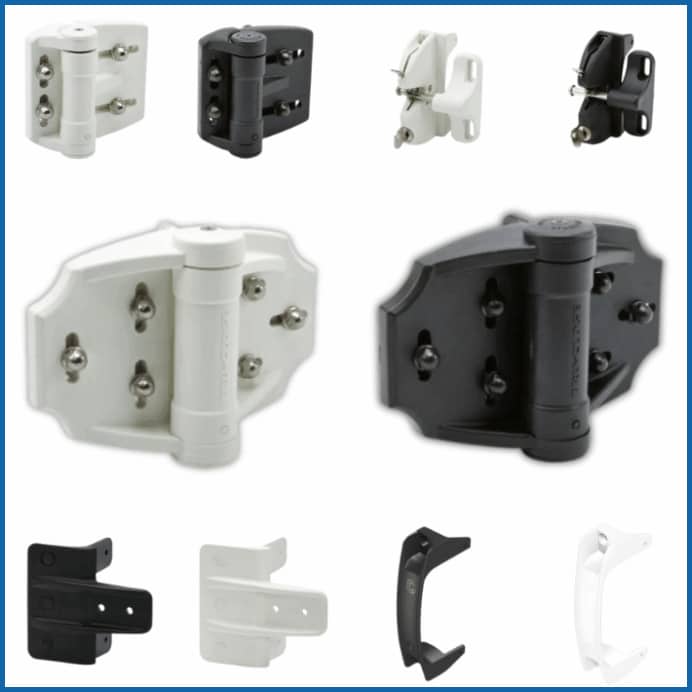 A variety of our Ripon vinyl fence and gate components, including black and white latches and hinges.